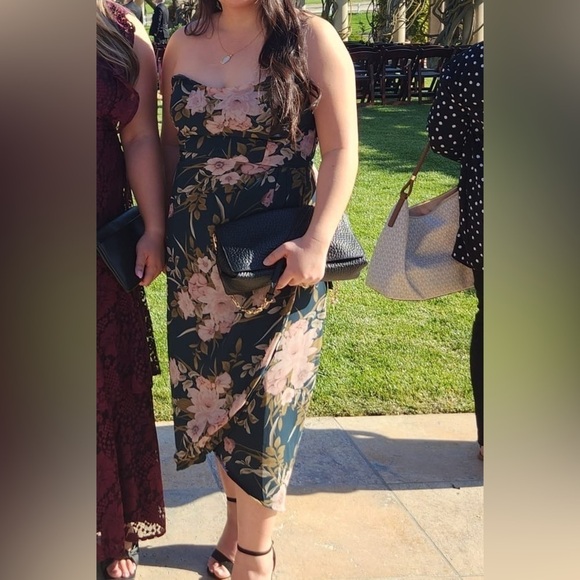 Lulu's Floral Strapless Midi Dress - Dark Green and Pink - Picture 4 of 7